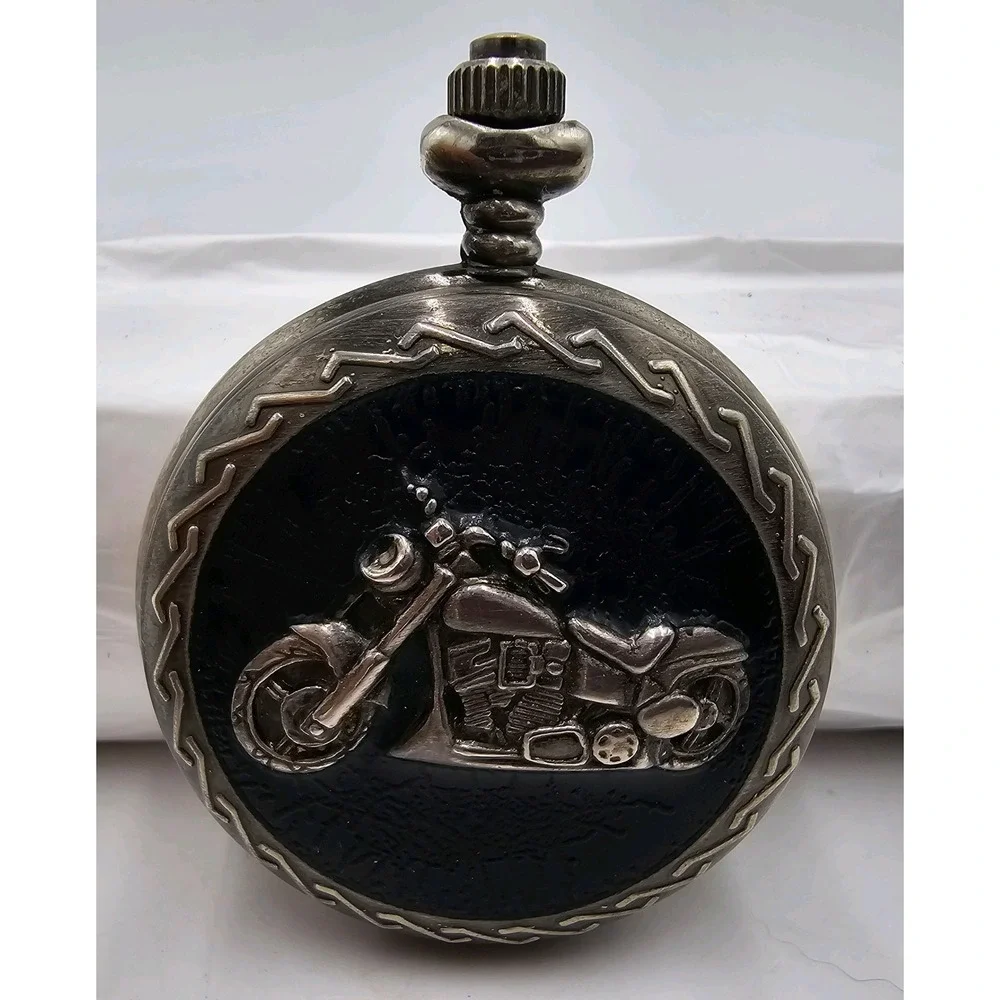 Calvin Hill Silver-Toned Pocket Watch Black Enamel Motorcycle Not Operational